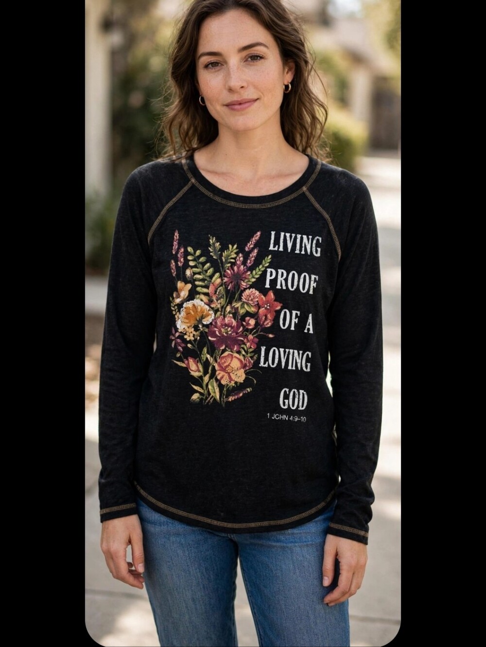 Black Floral Graphic Long Sleeve Tee - "Livin' Proof of a Loving God"